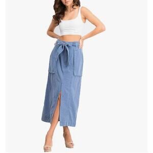 Free People Catching Feelings Midi Skirt Womens 2 Blue Linen Cotton Middle Slit